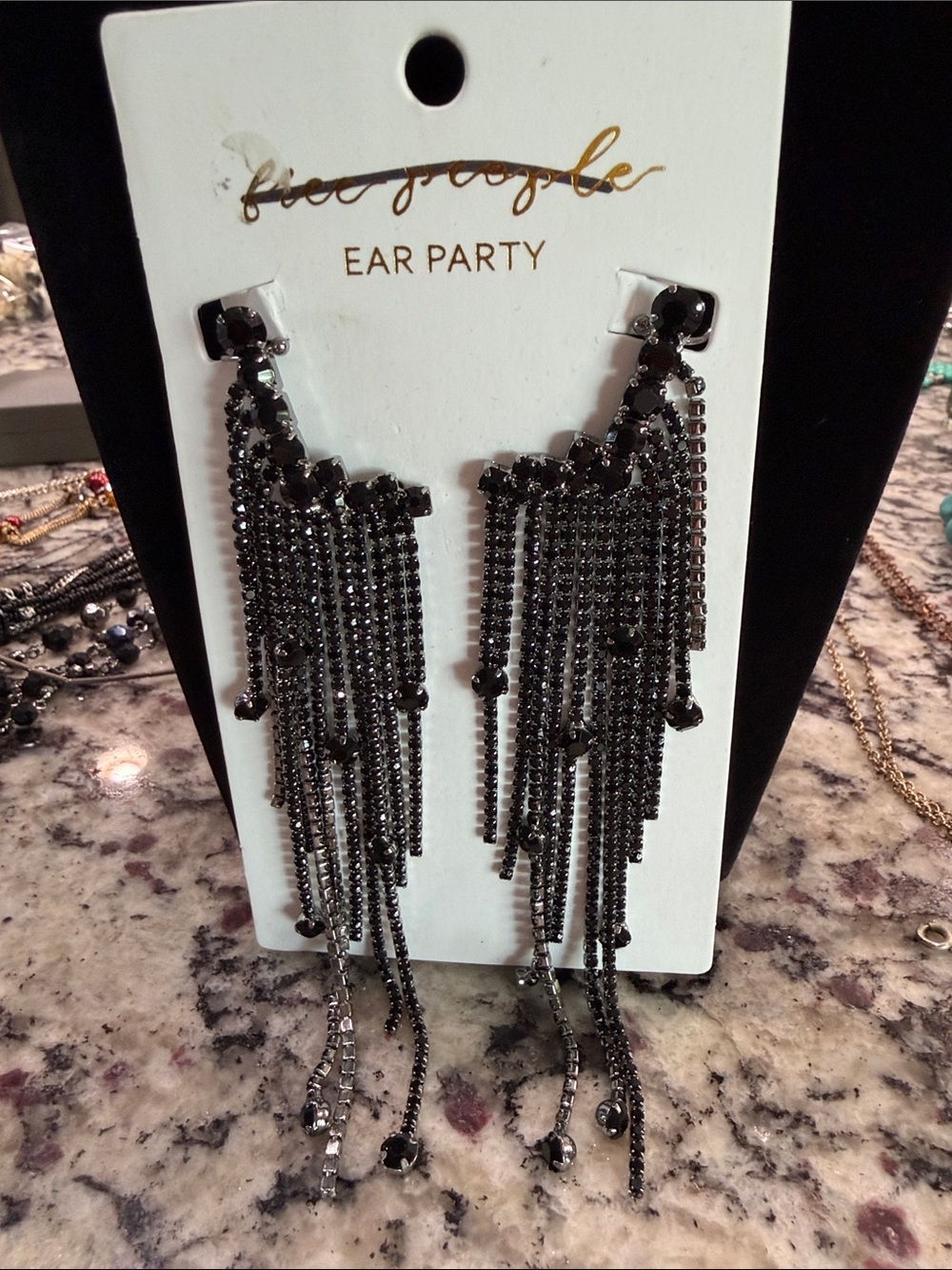 Free People Gunmetal Black Fringe Statement Earrings